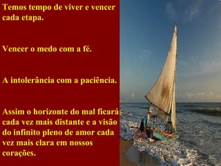 Temos tempo de viver e vencer cada etapa. Vencer o medo com a fé. A intolerância com a paciência. Assim o horizonte do mal ficará cada vez mais distante e a visão do infinito pleno de amor cada vez mais clara em nossos corações. 