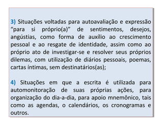 3) Situações voltadas para autoavaliação e expressão
“para si próprio(a)” de sentimentos, desejos,
angústias, como forma de auxílio ao crescimento
pessoal e ao resgate de identidade, assim como ao
próprio ato de investigar-se e resolver seus próprios
dilemas, com utilização de diários pessoais, poemas,
cartas íntimas, sem destinatários(as);
4) Situações em que a escrita é utilizada para
automonitoração de suas próprias ações, para
organização do dia-a-dia, para apoio mnemônico, tais
como as agendas, o calendários, os cronogramas e
outros.
3) Situações voltadas para autoavaliação e expressão
“para si próprio(a)” de sentimentos, desejos,
angústias, como forma de auxílio ao crescimento
pessoal e ao resgate de identidade, assim como ao
próprio ato de investigar-se e resolver seus próprios
dilemas, com utilização de diários pessoais, poemas,
cartas íntimas, sem destinatários(as);
4) Situações em que a escrita é utilizada para
automonitoração de suas próprias ações, para
organização do dia-a-dia, para apoio mnemônico, tais
como as agendas, o calendários, os cronogramas e
outros.
 