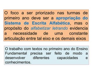 O foco a ser priorizado nas turmas de
primeiro ano deve ser a apropriação do
Sistema de Escrita Alfabética, mas o
propósito do alfabetizar letrando evidencia
a necessidade de uma constante
articulação entre tal eixo e os demais eixos
O trabalho com textos no primeiro ano do Ensino
Fundamental precisa ser feito de modo a
desenvolver diferentes capacidades e
conhecimentos.
 