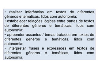 • realizar inferências em textos de diferentes
gêneros e temáticas, lidos com autonomia;
• estabelecer relações lógicas entre partes de textos
de diferentes gêneros e temáticas, lidos com
autonomia;
• apreender assuntos / temas tratados em textos de
diferentes gêneros e temáticas, lidos com
autonomia;
• interpretar frases e expressões em textos de
diferentes gêneros e temáticas, lidos com
autonomia.
 