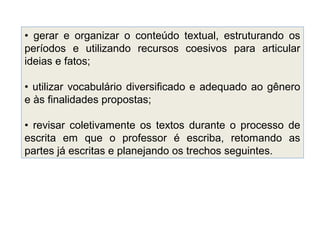 • gerar e organizar o conteúdo textual, estruturando os
períodos e utilizando recursos coesivos para articular
ideias e fatos;
• utilizar vocabulário diversificado e adequado ao gênero
e às finalidades propostas;
• revisar coletivamente os textos durante o processo de
escrita em que o professor é escriba, retomando as
partes já escritas e planejando os trechos seguintes.
 