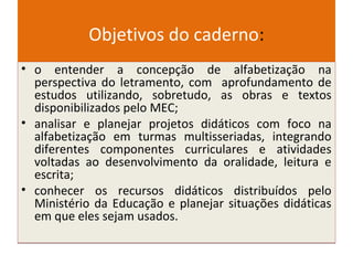 Objetivos do caderno:
• o entender a concepção de alfabetização na
perspectiva do letramento, com aprofundamento de
estudos utilizando, sobretudo, as obras e textos
disponibilizados pelo MEC;
• analisar e planejar projetos didáticos com foco na
alfabetização em turmas multisseriadas, integrando
diferentes componentes curriculares e atividades
voltadas ao desenvolvimento da oralidade, leitura e
escrita;
• conhecer os recursos didáticos distribuídos pelo
Ministério da Educação e planejar situações didáticas
em que eles sejam usados.
• o entender a concepção de alfabetização na
perspectiva do letramento, com aprofundamento de
estudos utilizando, sobretudo, as obras e textos
disponibilizados pelo MEC;
• analisar e planejar projetos didáticos com foco na
alfabetização em turmas multisseriadas, integrando
diferentes componentes curriculares e atividades
voltadas ao desenvolvimento da oralidade, leitura e
escrita;
• conhecer os recursos didáticos distribuídos pelo
Ministério da Educação e planejar situações didáticas
em que eles sejam usados.
 