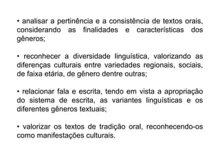 • analisar a pertinência e a consistência de textos orais,
considerando as finalidades e características dos
gêneros;
• reconhecer a diversidade linguística, valorizando as
diferenças culturais entre variedades regionais, sociais,
de faixa etária, de gênero dentre outras;
• relacionar fala e escrita, tendo em vista a apropriação
do sistema de escrita, as variantes linguísticas e os
diferentes gêneros textuais;
• valorizar os textos de tradição oral, reconhecendo-os
como manifestações culturais.
 