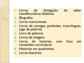 1. Livros de divulgação do saber
científico/obras didáticas
2. Biografias
3. Livros instrucionais
4. Livros de cantigas, parlendas, trava-línguas,
jogo de palavras
5. Livro de palavras
6. Livros de imagens
7. Livros de histórias, com foco em
conteúdos curriculares
8. Histórias em quadrinhos
9. Livros literários
 