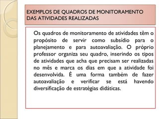 EXEMPLOS DE QUADROS DE MONITORAMENTOEXEMPLOS DE QUADROS DE MONITORAMENTO
DAS ATIVIDADES REALIZADASDAS ATIVIDADES REALIZADAS
Os quadros de monitoramento de atividades têm o
propósito de servir como subsídio para o
planejamento e para autoavaliação. O próprio
professor organiza seu quadro, inserindo os tipos
de atividades que acha que precisam ser realizadas
no mês e marca os dias em que a atividade foi
desenvolvida. É uma forma também de fazer
autoavaliação e verificar se está havendo
diversificação de estratégias didáticas.
 