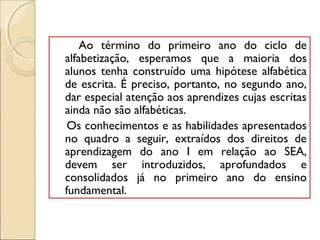 Ao término do primeiro ano do ciclo de
alfabetização, esperamos que a maioria dos
alunos tenha construído uma hipótese alfabética
de escrita. É preciso, portanto, no segundo ano,
dar especial atenção aos aprendizes cujas escritas
ainda não são alfabéticas.
Os conhecimentos e as habilidades apresentados
no quadro a seguir, extraídos dos direitos de
aprendizagem do ano I em relação ao SEA,
devem ser introduzidos, aprofundados e
consolidados já no primeiro ano do ensino
fundamental.
 