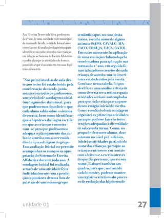 unidade 01 27
AnaCristinaBezerradaSilva,professora
do1ºanodeumaescoladaredemunicipal
deensinodoRecife,relatadeformabreve
comofazusodaavaliaçãodiagnósticapara
identificarosconhecimentosdascrianças
emrelaçãoaoSistemadeEscritaAlfabética
epoderplanejarasatividadesdeformaa
possibilitarqueelasavancememsuashipó-
tesesdeescrita:
“Nos primeiros dias de aula des-
te ano letivo foi estabelecido pela
coordenação da escola, junta-
mente com todos os professores,
um período de sondagem inicial
(ou diagnóstico da turma), para
que pudéssemos descobrir o que
cada aluno sabia sobre o sistema
de escrita, bem como identificar
quais hipóteses da língua escrita
em que as crianças encontra-
vam-se para que pudéssemos
adequar o planejamento das au-
las de acordo com as necessida-
des de aprendizagem do grupo.
Essa avaliação inicial me permite
acompanhar os avanços na apro-
priação do Sistema de Escrita
Alfabética durante todo ano. A
sondagem inicial foi realizada
através de uma atividade feita
individualmente com a produ-
ção espontânea de uma lista de
palavras de um mesmo grupo
semântico que, no caso desta
turma, escolhi nome de alguns
animais (SAPO, CAVALO, MA-
CACO, CORUJA, VACA, GATO).
Em outro momento fiz aplicação
de uma avaliação elaborada pela
coordenadora para aplicação nas
turmas do 1° ano, em seguida fo-
ram tabulados os acertos de cada
criança de acordo com os descri-
tores estabelecidos pela escola.
Com base nessa tabela, foi pos-
sível fazer uma análise crítica de
como deveria ser a rotina e quais
atividades seriam contempladas
para que cada criança avançasse
do seu estágio inicial de escrita.
Com o resultado desta sondagem
organizei as primeiras atividades
para que pudesse fazer as inter-
venções adequadas à diversidade
de saberes da turma. Como, no
grupo de dezessete alunos, doze
estavam no nível pré-silábico,
iniciei as atividades partindo do
nome das crianças, para que as
crianças entrassem em contato
com a leitura e a escrita através
do que lhe pertence, que é o seu
nome. Elaborei também um
quadro, para que, no final de
cada bimestre, pudesse manter
um registro criterioso do proces-
so de evolução das hipóteses de
 