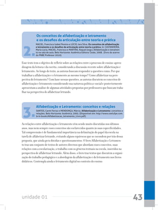 unidade 01 43
2.
MACIEL, Francisca Izabel Pereira e LÚCIO, Iara Silva. Os conceitos de alfabetização
e letramento e os desafios da articulação entre teoria e prática. In: CASTANHEIRA,
Maria Lúcia, MACIEL, Francisca e MARTINS, Raquel (orgs.) Alfabetização e letramen-
to na sala de aula. Belo Horizonte: Autêntica Editora: Ceale, 2008.  (livro do acervo
do PNBE Professor 2010).
SANTOS, Carmi Ferraz e MENDONÇA, Márcia. Alfabetização e Letramento: conceitos e
relações. Belo Horizonte: Autêntica, 2005. (Disponível em: http://www.ceelufpe.com.
br/e-books/Alfabetizacao_letramento_Livro.pdf).
Esse texto tem o objetivo de refletir sobre as relações entre o processo de ensino-apren-
dizagem da leitura e da escrita, considerando a discussão recente sobre alfabetização e
letramento. Ao longo do texto, as autoras buscam responder a questões como: Por que
trabalhar a alfabetização e o letramento ao mesmo tempo? Como alfabetizar na pers-
pectiva do letramento? Com base nessas questões, as autoras discutem os conceitos de
alfabetização e letramento considerando sua natureza política e social e posteriormente
apresentam a análise de algumas atividades propostas por professores que buscam traba-
lhar na perspectiva do alfabetizar letrando.
As relações entre alfabetização e letramento vêm sendo muito discutidas nos últimos
anos, mas nem sempre esses conceitos são esclarecidos quanto às suas especificidades.
Tal compreensão é de fundamental importância na delimitação do papel da escola na
tarefa de alfabetizar letrando, evitando alguns equívocos que se escondem por trás dessa
proposta, que ainda gera dúvidas e questionamentos. O livro Alfabetização e Letramen-
to traz um conjunto de textos de autores diversos que abordam esses conceitos, suas
relações com a escolarização, o trabalho com os gêneros textuais na escola, inseridos na
perspectiva de alfabetizar letrando. Além disso, o livro traz textos que discutem a organi-
zação do trabalho pedagógico e a abordagem da alfabetização e do letramento nos livros
didáticos. Contempla ainda o letramento digital no contexto do ensino
Os conceitos de alfabetização e letramento
e os desafios da articulação entre teoria e prática
Alfabetização e Letramento: conceitos e relações
3.
 