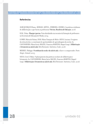 Referências


     ALBUQUERQUE Eliana.; MORAIS, ARTUR,.; FERREIRA, ANDREA. As práticas cotidianas
     de alfabetização: o que fazem as professoras? Revista. Brasileira de Educação. 2008.
     LEAL, Telma. Planejar é preciso. Texto distribuído em encontro de formação de professores
     na Secretaria de Educação de Olinda, 2004.
     GOMES, Maria de Fátima, DIAS, Maira Tomayno de Melo e SILVA, Luciana. O registro
     da rotina do dia e a construção de oportunidades de aprendizagem da escrita. In:
     CASTANHEIRA, Maria Lúcia; MACIEL, Francisca MARTINS, Raquel (orgs.) Alfabetização
     e letramento na sala de aula. Belo Horizonte: Autêntica, Ceale, 2008.
     MEIRIEU, Philippe. O cotidiano da escola e da sala de aula: o fazer e o compreender. Porto
     Alegre: Artmed, 2005.
     SILVA, Ceris S. Ribas. O planejamento das práticas escolares de alfabetização e
     letramento. In: CASTANHEIRA, Maria Lúcia; MACIEL, Francisca MARTINS, Raquel
     (orgs.) Alfabetização e letramento na sala de aula. Belo Horizonte: Autêntica, Ceale, 2008.




28                                                                       unidade 02
 