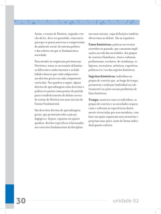 unidade 0230
Assim, o ensino de História, segundo o tre-
cho da Lei, deve ser garantido, como meio
para que se possa asseverar a compreensão
do ambiente social, do sistema político
e dos valores em que se fundamenta a
sociedade.
Para atender às exigências previstas nas
Diretrizes, torna-se necessário delimitar
os diferentes conhecimentos e as habi-
lidades básicas que estão subjacentes
aos direitos gerais em cada componente
curricular. Nos quadros a seguir, alguns
direitos de aprendizagem estão descritos e
podem ser postos como pontos de partida
para o estabelecimento do debate acerca
do ensino de História nos anos iniciais do
Ensino Fundamental.
São descritos direitos de aprendizagem
gerais, que permeiam toda a ação pe-
dagógica e, depois, expostos em quatro
quadros, direitos específicos relacionados
aos conceitos fundamentais da disciplina
nos anos iniciais, cujas definições também
oferecemos ao debate. São as seguintes:
Fatos históricos: práticas ou eventos
ocorridos no passado, que causaram impli-
cações na vida das sociedades, dos grupos
de convívio (familiares, étnico-culturais,
profissionais, escolares, de vizinhança, re-
ligiosos, recreativos, artísticos, esportivos,
políticos etc.) ou dos sujeitos históricos.
Sujeitos históricos: indivíduos ou
grupos de convívio que, ao longo do tempo,
promovem e realizam (individual ou cole-
tivamente) as ações sociais produtoras de
fatos históricos.
Tempo: maneira como os indivíduos, os
grupos de convívio e as sociedades sequen-
ciam e ordenam as experiências diaria-
mente vivenciadas por seus membros, com
base nas quais organizam suas memórias e
projetam suas ações, tanto de forma indivi-
dual quanto coletiva.
 