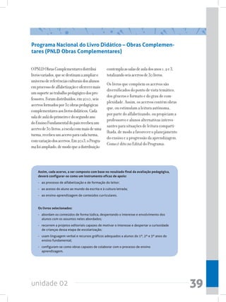 unidade 02 39
Programa Nacional do Livro Didático – Obras Complemen-
tares (PNLD Obras Complementares)
OPNLDObrasComplementaresdistribui
livrosvariados,quesedestinamaampliaro
universodereferênciasculturaisdosalunos
emprocessodealfabetizaçãoeoferecermais
umsuporteaotrabalhopedagógicodospro-
fessores.Foramdistribuídos,em2010,seis
acervosformadospor30obraspedagógicas
complementaresaoslivrosdidáticos.Cada
saladeauladoprimeiroedosegundoano
doEnsinoFundamentaldopaísrecebeuum
acervode30livros;aescolacommaisdeuma
turma,recebeuumacervoparacadaturma,
comvariaçãodosacervos.Em2013,oProgra-
mafoiampliado,demodoqueadistribuição
contemplaassalasdeauladosanos1,2e3,
totalizandoseisacervosde30livros.
Os livros que compõem os acervos são
diversificados do ponto de vista temático,
dos gêneros e formato e do grau de com-
plexidade. Assim, os acervos contém obras
que, ou estimulam a leitura autônoma,
por parte do alfabetizando, ou propiciam a
professores e alunos alternativas interes-
santes para situações de leitura comparti-
lhada, de modo a favorecer o planejamento
do ensino e a progressão da aprendizagem.
Como é dito no Edital do Programa:
Assim, cada acervo, a ser composto com base no resultado final da avaliação pedagógica,
deverá configurar-se como um instrumento eficaz de apoio:
-   ao processo de alfabetização e de formação do leitor;
-   ao acesso do aluno ao mundo da escrita e à cultura letrada;
-   ao ensino-aprendizagem de conteúdos curriculares.
Os livros selecionados:
-   abordam os conteúdos de forma lúdica, despertando o interesse e envolvimento dos
alunos com os assuntos neles abordados;
-   recorrem a projetos editoriais capazes de motivar o interesse e despertar a curiosidade
de crianças dessa etapa de escolarização;
-   usam linguagem verbal e recursos gráficos adequados a alunos do 1º, 2º e 3º anos do
ensino fundamental;
-   configuram-se como obras capazes de colaborar com o processo de ensino
aprendizagem.
 