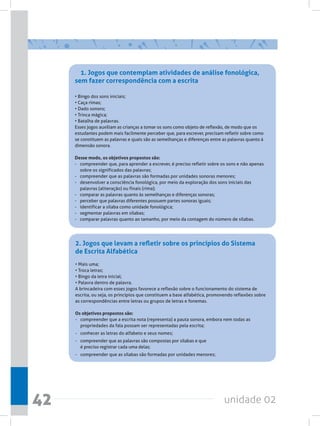 unidade 0242
1. Jogos que contemplam atividades de análise fonológica,
sem fazer correspondência com a escrita
• Bingo dos sons iniciais;
• Caça rimas;
• Dado sonoro;
• Trinca mágica;
• Batalha de palavras.
Esses jogos auxiliam as crianças a tomar os sons como objeto de reflexão, de modo que os
estudantes podem mais facilmente perceber que, para escrever, precisam refletir sobre como
se constituem as palavras e quais são as semelhanças e diferenças entre as palavras quanto à
dimensão sonora.  
Desse modo, os objetivos propostos são:
-	 compreender que, para aprender a escrever, é preciso refletir sobre os sons e não apenas
sobre os significados das palavras;
-	 compreender que as palavras são formadas por unidades sonoras menores;
-	 desenvolver a consciência fonológica, por meio da exploração dos sons iniciais das
palavras (aliteração) ou finais (rima);
- 	 comparar as palavras quanto às semelhanças e diferenças sonoras;
- 	 perceber que palavras diferentes possuem partes sonoras iguais;
- 	 identificar a sílaba como unidade fonológica;
- 	 segmentar palavras em sílabas;
- 	 comparar palavras quanto ao tamanho, por meio da contagem do número de sílabas.
2. Jogos que levam a refletir sobre os princípios do Sistema
de Escrita Alfabética
• Mais uma;
• Troca letras;
• Bingo da letra inicial;
• Palavra dentro de palavra.
A brincadeira com esses jogos favorece a reflexão sobre o funcionamento do sistema de
escrita, ou seja, os princípios que constituem a base alfabética, promovendo reflexões sobre
as correspondências entre letras ou grupos de letras e fonemas.
Os objetivos propostos são:
-	 compreender que a escrita nota (representa) a pauta sonora, embora nem todas as
propriedades da fala possam ser representadas pela escrita;
- 	 conhecer as letras do alfabeto e seus nomes;
- 	 compreender que as palavras são compostas por sílabas e que
é preciso registrar cada uma delas;
- 	 compreender que as sílabas são formadas por unidades menores;
 