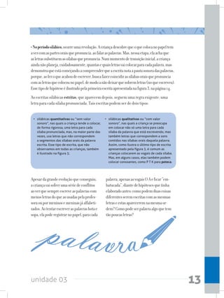 unidade 03 13
•Noperíodosilábico,ocorreumarevolução.Acriançadescobrequeoquecolocanopapeltem
avercomaspartesoraisquepronuncia,aofalaraspalavras.Mas,nessaetapa,elaachaque
asletrassubstituemassílabasquepronuncia.Nummomentodetransiçãoinicial,acriança
aindanãoplaneja,cuidadosamente,quantasequaisletrasvaicolocarparacadapalavra,mas
demonstraqueestácomeçandoacompreenderqueaescritanotaapautasonoradaspalavras,
porque,aoleroqueacaboudeescrever,buscafazercoincidirassílabasoraisquepronuncia
comasletrasquecolocounopapel,demodoanãodeixarquesobremletras(noqueescreveu).
Essetipodehipóteseéilustradopelaprimeiraescritaapresentadanafigura3,napágina14.
As escritas silábicas estritas, que aparecem depois, seguem uma regra exigente: uma
letra para cada sílaba pronunciada. Tais escritas podem ser de dois tipos:
• 	 silábicas quantitativas ou “sem valor
sonoro”, nas quais a criança tende a colocar,
de forma rigorosa, uma letra para cada
sílaba pronunciada, mas, na maior parte das
vezes, usa letras que não correspondem
a segmentos das sílabas orais da palavra
escrita. Esse tipo de escrita, que não
observamos em todas as crianças, também
é ilustrado na figura 3;
• 	 silábicas qualitativas ou “com valor
sonoro”, nas quais a criança se preocupa
em colocar não só uma letra para cada
sílaba da palavra que está escrevendo, mas
também letras que correspondem a sons
contidos nas sílabas orais daquela palavra.
Assim, como ilustra o último tipo de escrita
apresentado pela figura 3, é comum as
crianças colocarem as vogais de cada sílaba.
Mas, em alguns casos, elas também podem
colocar consoantes, como P T K para peteca.
Apesardagrandeevoluçãoqueconseguiu,
acriançavaisofrerumasériedeconflitos
aoverquesempreescreveaspalavrascom
menosletrasdoqueasusadaspelaprofes-
soraoupormeninosemeninasjáalfabeti-
zados.Aotentarescreveraspalavrasbotae
sopa,elapoderegistrarnopapel,paracada
palavra,apenasasvogaisOAeficar“em-
batucada”,diantedehipótesesquetinha
elaboradoantes:comopodemduascoisas
diferentesseremescritascomasmesmas
letraseestasapareceremnamesmaor-
dem?Comopodeserpalavraalgoquetem
tãopoucasletras?
 