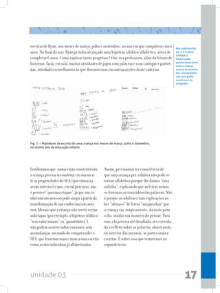 unidade 03 17
escritas de Ryan, nos meses de março, julho e novembro, no ano em que completou cinco
anos. No final do ano, Ryan já tinha alcançado uma hipótese silábico-alfabética, antes de
completar 6 anos. Como explicar tanto progresso? Ora, sua professora, além da leitura de
histórias, fazia, em sala, muitas atividades de jogos com palavras e com cantigas e parlen-
das, atividades semelhantes às que discutiremos em outras seções deste caderno.
Nos cadernos dos
aos 2 e 3, desta
Unidade 3,
há discussão
aprofundada sobre
como a criança
avança no domínio
das correspondên-
cias som-grafia,
na leitura e na
ortografia.
Lembramosque,numavisãoconstrutivista,
acriançaprecisareconstruiremsuamen-
teaspropriedadesdoSEA(quevimosna
seçãoanterior)eque,emtalpercurso,não
épossível“queimaretapas”,jáqueumco-
nhecimentonovosópodesurgirapartirda
transformaçãodeumconhecimentoante-
rior.Mesmoqueacriançanãorevelecertas
subetapas(porexemplo,ahipótesesilábica
“semvalorsonoro”ou“quantitativa”),
nãopodemocorrersaltosenormes,sem
asmudanças,nomododecompreendero
SEA,quelevariammaisemaisaumaescrita
comoasdosindivíduosjáalfabetizados.
Assim, precisamos ter consciência de
que uma criança pré-silábica não pode se
tornar alfabética porque lhe damos “uma
aulinha”, explicando que as letras notam
os fonemas ou sonzinhos das palavras. Não
é porque os adultos criam explicações so-
bre “abraços” de letras “amiguinhas” que
a criança vai, magicamente, da noite para
o dia, mudar sua maneira de pensar. Para
isso, ela precisa ser desafiada, ser convida-
da a refletir sobre as palavras, observando,
no interior das mesmas, as partes orais e
escritas. É sobre isso que trataremos no
segundo texto.
Fig. 7. – Hipóteses de escrita de uma criança nos meses de março, julho e dezembro,
no último ano da educação infantil.
 