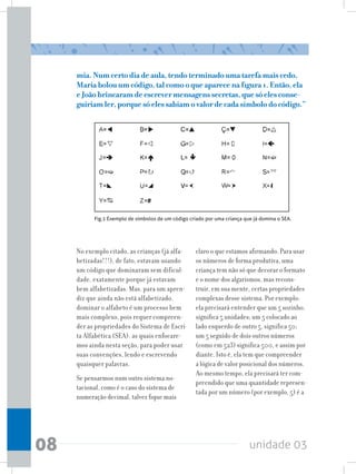 unidade 0308
mia.Numcertodiadeaula,tendoterminadoumatarefamaiscedo,
Mariabolouumcódigo,talcomooqueaparecenafigura1.Então,ela
eJoãobrincaramdeescrevermensagenssecretas,quesóelesconse-
guiriamler,porquesóelessabiamovalordecadasímbolodocódigo.”
No exemplo citado, as crianças (já alfa-
betizadas!!!), de fato, estavam usando
um código que dominaram sem dificul-
dade, exatamente porque já estavam
bem alfabetizadas. Mas, para um apren-
diz que ainda não está alfabetizado,
dominar o alfabeto é um processo bem
mais complexo, pois requer compreen-
der as propriedades do Sistema de Escri-
ta Alfabética (SEA), as quais enfocare-
mos ainda nesta seção, para poder usar
suas convenções, lendo e escrevendo
quaisquer palavras.
Se pensarmos num outro sistema no-
tacional, como é o caso do sistema de
numeração decimal, talvez fique mais
claro o que estamos afirmando. Para usar
os números de forma produtiva, uma
criança tem não só que decorar o formato
e o nome dos algarismos, mas recons-
truir, em sua mente, certas propriedades
complexas desse sistema. Por exemplo:
ela precisará entender que um 5 sozinho,
significa 5 unidades; um 5 colocado ao
lado esquerdo de outro 5, significa 50;
um 5 seguido de dois outros números
(como em 523) significa 500, e assim por
diante. Isto é, ela tem que compreender
a lógica de valor posicional dos números.
Ao mesmo tempo, ela precisará ter com-
preendido que uma quantidade represen-
tada por um número (por exemplo, 5) é a
Fig.1 Exemplo de símbolos de um código criado por uma criança que já domina o SEA.
 