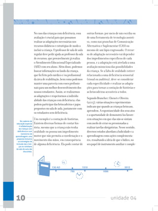 unidade 0410
Nocasodascriançascomdeficiência,essa
avaliaçãoécrucialparaquepossamos
realizarasadaptaçõesnecessáriasnos
recursosdidáticoseestratégiasdemodoa
incluiracriança.Oprofessordesaladeaula
regulardevepedirajudaaoprofessordasala
derecursos,queprovavelmentejárealiza
oAtendimentoEducacionalEspecializado
(AEE)comseualuno.Alémdisso,podemos
buscarinformaçõesnolaudodacriança,
quefoifeitopelomédicoe/ouprofissional
daáreadereabilitação,bemcomopodemos
manterumaparceriacomessesprofissio-
naisparaummelhordesenvolvimentodos
nossosestudantes.Assim,serealizarmos
asadaptaçõeserespeitarmosaindividu-
alidadedascriançascomdeficiência,elas
podemparticipardasbrincadeirasejogos
propostosemsaladeaula,juntamentecom
osestudantessemdeficiência.
Um exemplo é a contação de histórias.
Existem diversas formas de contar his-
tória, mesmo que a criança não tenha
oralidade ou possua um impedimento
motor que não permita a coordenação e o
movimento das mãos, em consequência
de alguma deficiência. Ela pode contar de
outras formas: por meio de um escriba ou
de uma ferramenta de tecnologia assisti-
va, como nas pranchas de Comunicação
Alternativa e Suplementar (CAS) ou
mesmo de um lápis engrossado. O recur-
so de adaptação necessário vai depender
dos impedimentos específicos de cada
pessoa, e a adaptação está atrelada a uma
avaliação minuciosa das possibilidades
da criança. Se a falta de oralidade estiver
relacionada a uma deficiência sensorial
(visual ou auditiva), deve-se considerar
cada especificidade e realizar as adapta-
ções para tornar a contação de histórias e
as brincadeiras acessíveis a todos.
SegundoBrancher,CheneteOliveira
(2005),váriassituaçõesexperimentais
indicamquequandoascriançasbrincam,
aprendem.Aespontaneidadedosseusatos
eaoportunidadededemonstrá-losfavore-
cemsituaçõesemqueelasnãosesintam
commedodeerraroupressionadasa
realizartarefasobrigatórias.Nessesentido,
diversosestudosabordamaludicidadeea
aprendizagemcomoaçõescomplementa-
res,ressaltandoaideiadequeolúdico,no
seupapeldeinstrumentoauxiliarecomple-
No caderno de
educação especial
- A alfabetização
de crianças com
deficiência e com
transtorno de
aprendizagem: uma
proposta inclusiva
- as estratégias de
inclusão das crian-
ças no cotidiano
da sala de aula são
discutidas.
 