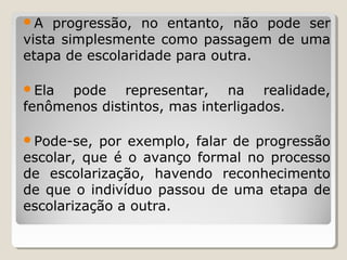 A

progressão, no entanto, não pode ser
vista simplesmente como passagem de uma
etapa de escolaridade para outra.
Ela

pode representar, na realidade,
fenômenos distintos, mas interligados.
Pode-se,

por exemplo, falar de progressão
escolar, que é o avanço formal no processo
de escolarização, havendo reconhecimento
de que o indivíduo passou de uma etapa de
escolarização a outra.

 