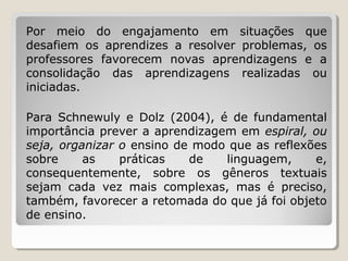 Por meio do engajamento em situações que
desafiem os aprendizes a resolver problemas, os
professores favorecem novas aprendizagens e a
consolidação das aprendizagens realizadas ou
iniciadas.
Para Schnewuly e Dolz (2004), é de fundamental
importância prever a aprendizagem em espiral, ou
seja, organizar o ensino de modo que as reflexões
sobre
as
práticas
de
linguagem,
e,
consequentemente, sobre os gêneros textuais
sejam cada vez mais complexas, mas é preciso,
também, favorecer a retomada do que já foi objeto
de ensino.

 