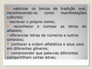 valorizar os textos de tradição oral,
reconhecendo-os
como
manifestações
culturais;
escrever o próprio nome;
 reconhecer e nomear as letras do
alfabeto;
diferenciar letras de números e outros
símbolos;
 conhecer a ordem alfabética e seus usos
em diferentes gêneros;
 compreender que palavras diferentes
compartilham certas letras;


 