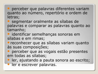 perceber que palavras diferentes variam
quanto ao número, repertório e ordem de
letras;
 segmentar oralmente as sílabas de
palavras e comparar as palavras quanto ao
tamanho;
 identificar semelhanças sonoras em
sílabas e em rimas;
reconhecer que as sílabas variam quanto
às suas composições;
 perceber que as vogais estão presentes
em todas as sílabas;
 ler, ajustando a pauta sonora ao escrito;
 ler e escrever palavras.


 