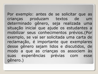 Por exemplo: antes de se solicitar que as
crianças
produzam
textos
de
um
determinado gênero, seja realizada uma
situação inicial que ajude os estudantes a
mobilizar seus conhecimentos prévios.(Por
exemplo, se vai ser solicitada uma carta de
reclamação, é importante que exemplares
desse gênero sejam lidos e discutidos, de
modo a que as crianças os associem às
suas experiências prévias com esse
gênero.)

 