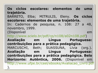Os ciclos escolares: elementos de uma
trajetória.
BARRETO, Elba; MITRULIS, Eleny. Os ciclos
escolares: elementos de uma trajetória.
In: Cadernos de pesquisa, n. 108: 27 a 48,
novembro, 1999.
(Disponível
em
http://www.scielo.br/pdf/cp/n108/a02n108.pdf)
Avaliação
em
Língua
Portuguesa:
contribuições para a prática pedagógica.
MARCUSCHI, Beth; SUASSUNA, Lívia (org.).
Avaliação
em
Língua
Portuguesa:
contribuições para a prática pedagógica. Belo
Horizonte: Autêntica, 2006. (Disponível em
http://www.ufpe.br/ceel/ebooks/Avaliacao_Livro.pdf
).

 