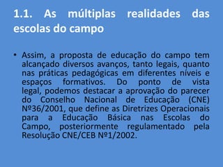 1.1. As múltiplas realidades das
escolas do campo

• Assim, a proposta de educação do campo tem
  alcançado diversos avanços, tanto legais, quanto
  nas práticas pedagógicas em diferentes níveis e
  espaços formativos. Do ponto de vista
  legal, podemos destacar a aprovação do parecer
  do Conselho Nacional de Educação (CNE)
  Nº36/2001, que define as Diretrizes Operacionais
  para a Educação Básica nas Escolas do
  Campo, posteriormente regulamentado pela
  Resolução CNE/CEB Nº1/2002.
 