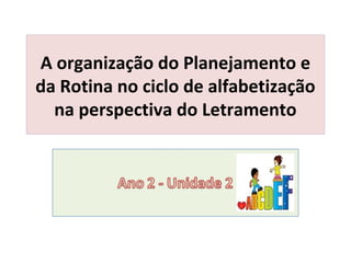A organização do Planejamento e
da Rotina no ciclo de alfabetização
  na perspectiva do Letramento
 