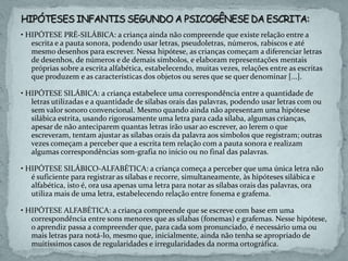 • HIPÓTESE PRÉ-SILÁBICA: a criança ainda não compreende que existe relação entre a
escrita e a pauta sonora, podendo usar letras, pseudoletras, números, rabiscos e até
mesmo desenhos para escrever. Nessa hipótese, as crianças começam a diferenciar letras
de desenhos, de números e de demais símbolos, e elaboram representações mentais
próprias sobre a escrita alfabética, estabelecendo, muitas vezes, relações entre as escritas
que produzem e as características dos objetos ou seres que se quer denominar [...].
• HIPÓTESE SILÁBICA: a criança estabelece uma correspondência entre a quantidade de
letras utilizadas e a quantidade de sílabas orais das palavras, podendo usar letras com ou
sem valor sonoro convencional. Mesmo quando ainda não apresentam uma hipótese
silábica estrita, usando rigorosamente uma letra para cada sílaba, algumas crianças,
apesar de não anteciparem quantas letras irão usar ao escrever, ao lerem o que
escreveram, tentam ajustar as sílabas orais da palavra aos símbolos que registram; outras
vezes começam a perceber que a escrita tem relação com a pauta sonora e realizam
algumas correspondências som-grafia no início ou no final das palavras.
• HIPÓTESE SILÁBICO-ALFABÉTICA: a criança começa a perceber que uma única letra não
é suficiente para registrar as sílabas e recorre, simultaneamente, às hipóteses silábica e
alfabética, isto é, ora usa apenas uma letra para notar as sílabas orais das palavras, ora
utiliza mais de uma letra, estabelecendo relação entre fonema e grafema.
• HIPÓTESE ALFABÉTICA: a criança compreende que se escreve com base em uma
correspondência entre sons menores que as sílabas (fonemas) e grafemas. Nesse hipótese,
o aprendiz passa a compreender que, para cada som pronunciado, é necessário uma ou
mais letras para notá-lo, mesmo que, inicialmente, ainda não tenha se apropriado de
muitíssimos casos de regularidades e irregularidades da norma ortográfica.
 