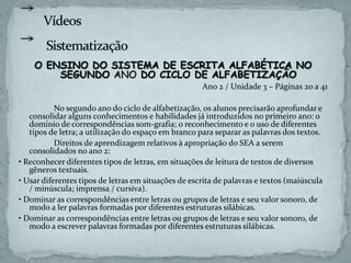 O ENSINO DO SISTEMA DE ESCRITA ALFABÉTICA NO
SEGUNDO ANO DO CICLO DE ALFABETIZAÇÃO
Ano 2 / Unidade 3 – Páginas 20 a 41
No segundo ano do ciclo de alfabetização, os alunos precisarão aprofundar e
consolidar alguns conhecimentos e habilidades já introduzidos no primeiro ano: o
domínio de correspondências som-grafia; o reconhecimento e o uso de diferentes
tipos de letra; a utilização do espaço em branco para separar as palavras dos textos.
Direitos de aprendizagem relativos à apropriação do SEA a serem
consolidados no ano 2:
• Reconhecer diferentes tipos de letras, em situações de leitura de textos de diversos
gêneros textuais.
• Usar diferentes tipos de letras em situações de escrita de palavras e textos (maiúscula
/ minúscula; imprensa / cursiva).
• Dominar as correspondências entre letras ou grupos de letras e seu valor sonoro, de
modo a ler palavras formadas por diferentes estruturas silábicas.
• Dominar as correspondências entre letras ou grupos de letras e seu valor sonoro, de
modo a escrever palavras formadas por diferentes estruturas silábicas.
 