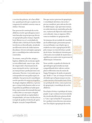 unidade 01 15
e escritos das palavras, até a fase alfabé-
tica, quando percebe que as palavras são
compostas de unidades sonoras como as
sílabas e fonemas.
Esse processo de construção da escrita
alfabética envolve aprendizagens concei-
tuais baseadas em princípios que devem
ser apropriados pelas crianças. Segundo
Leal e Morais (2010), as atividades de
reflexão sobre o Sistema de Escrita Alfabé-
tica devem ser diversificadas, atendendo
aos diferentes níveis de conhecimentos
dos alunos e devem contemplar a apropria-
ção e a consolidação dos conhecimentos
construídos.
No entanto, como já foi dito, atingir a
hipótese alfabética de escrita não signifi-
ca estar alfabetizado, uma vez que, além
de compreender o funcionamento do
nosso sistema de escrita, é preciso que
as crianças leiam e produzam textos com
autonomia. Para isso, é necessário que as
correspondências som-grafia sejam con-
solidadas. Esse processo de consolidação
envolve questões de natureza ortográfica.
Ao atingir a hipótese alfabética, é preciso
que a criança tenha domínio sobre as cor-
respondências grafofônicas (saiba quais
letras representam determinado fonema)
e reflita sobre as convenções ortográfi-
cas, compreendendo as regularidades e
irregularidades, tal como está descrito no
exemplo de quadros de direitos de apren-
dizagem, na seção Compartilhando.
Para que ocorra o processo de apropriação
e consolidação da leitura e da escrita, é
preciso considerar, para cada ano do ciclo
de alfabetização: o que queremos ensinar,
os conhecimentos já construídos pelos alu-
nos, a natureza do objeto do conhecimento
a ser enfocado, como se organiza o SEA e
como os estudantes se apropriam dele.
Ao tratarmos da necessidade de consolida-
ção da alfabetização, procuramos pensar
em sua definição e nas relações que se
estabelecem entre a apropriação do SEA
pela criança e os eixos de leitura e produ-
ção de textos. Inicialmente trazemos para
a discussão a necessidade de mantermos o
equilíbrio necessário entre os processos de
alfabetização e letramento.
Nesse sentido, os quadros de direitos de
aprendizagem apresentados na seção
compartilhando deste caderno contem-
plam os diferentes eixos do ensino da
Língua Portuguesa, de modo a se garantir
que, desde o 1º ano, as crianças vivenciem
atividades que as façam avançar em seus
conhecimentos relacionados tanto à leitu-
ra e produção de textos, como ao processo
de apropriação e consolidação da escrita
alfabética.
Em relação à leitura e à produção de textos,
propõe-se que os alunos vivenciem ativida-
des envolvendo diferentes gêneros desde
o 1º ano, e que no final do 3º ano possam
ler e produzir textos diversos com autono-
mia. Em relação à apropriação da escrita
A unidade 2 trata
do planejamento
e organização da
rotina de ensino
dos quatro eixos da
Língua Portuguesa.
Reflexões mais
aprofundadas sobre
a aprendizagem
da ortografia
estão inseridas
no caderno da
unidade 3, ano 3.
 