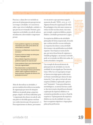 unidade 02 19
Para isso, o aluno deve ser incluído no
processo de planejamento para gerenciar
seu tempo e atividades, ter consciência
sobre o que irá ser trabalhado, avaliado e o
que precisa ser retomado. Portanto, para
organizar as atividades em sala de aula no
atendimento à diversidade é importante
pensar:
ter em mente o que queremos naquele
momento da aula” (LEAL, 2005, p. 107).
Algumas formas de organização do traba-
lho pedagógico têm sido mais comuns na
rotina escolar nos dias atuais, tais como,
por exemplo, sequência didática, projeto
didático, atividades permanentes e jogos.
As sequências didáticas são atividades
planejadas de forma sequenciada, de modo
que a ordem interfere na sua realização;
as respostas dos alunos a uma atividade
direcionam e são mobilizadas na atividade
seguinte. Em relação ao ensino da lín-
gua, por meio dessa forma de organizar o
trabalho pedagógico, um mesmo conteúdo
pode ser revisitado em diferentes aulas, de
modo articulado e integrado.
Um exemplo do desenvolvimento de
planejamento de atividades no eixo da
oralidade foi investigado por Nascimento,
Lima e Silva (2012) na pesquisa em que
se buscou investigar quais conhecimen-
tos foram construídos por alunos de uma
turma do 5º ano, após a vivência de uma
sequência didática explorando o gênero
oral “Seminário”. Como procedimentos
metodológicos, as autoras fizeram a análi-
se das intervenções da professora durante
a aplicação da sequência didática e os
seminários produzidos no início e final da
sequência. O planejamento da sequência
didática no eixo da oralidade teve como
base os seguintes objetivos e etapas plane-
jadas pelas professoras:
Na unidade 7 a
heterogeneida-
de será foco de
reflexão.
No cadernos das
unidades 4 e 6
diferentes formas
de organização do
trabalho pedagógi-
co serão aprofun-
dadas, como os
projetos didáticos
e sequências
didáticas.
•	 Como podemos organizar as atividades
necessárias para cada turma dentro da
rotina diária e semanal?
•	 Os alunos se alfabetizam só pela leitura
de textos?
•	 É preciso reservar tempo na rotina para
ensinar linguagem oral?
•	 Que unidades linguísticas devemos/
podemos explorar em sala de aula?
•	 Como podemos fazer essa sistematização?
Com que regularidade?
•	 Para desenvolver a compreensão da
leitura e da produção textual, precisamos
refletir sobre os gêneros textuais ou
basta promover situações de leitura e de
produção de textos?
Além de diversificar as atividades, é
preciso também diversificar seus modos
de organização por meio de situações
didáticas em grande grupo, pequenos
grupos, duplas e de forma individual, pois
“a organização dos alunos em sala de aula
não pode ser decidida apenas com base
nos conhecimentos que eles possuem [...].
Para organizarmos os alunos, precisamos
 