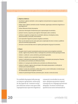 unidade 0220
1.	Objetivos didáticos:
•	 reconhecer o gênero seminário  como um gênero oral praticado nos espaços escolares e
extraescolares;
•	 refletir sobre o gênero seminário escolar: finalidade, organização, elementos linguísticos e
paralinguísticos;
•	 utilizar diferentes fontes de pesquisa;
•	 selecionar informações fundamentais para a apresentação do seminário;
•	 produzir resumos, esquemas para registrar informações sobre a temática;
•	 conhecer e organizar as etapas de um seminário: abertura, introdução ao tema,
desenvolvimento, conclusão, encerramento;
•	 usar expressões linguísticas próprias do gênero seminário;
•	 fazer uso de material escrito como apoio para a exploração do tema e nortear a audiência
acerca do seminário apresentado;
•	 articular os turnos das falas entre os sujeitos participantes do grupo do seminário.
2. Etapas:
•	 situação inicial (2 aulas): levantamento prévio dos alunos acerca do gênero seminário
escolar,  registro das primeiras ideias e realização dos seminários iniciais (produção Inicial);
•	 módulo 1: análise de  outros seminários, previamente gravados;
•	 módulo 2: trabalho com as expressões linguísticas;
•	 módulo 3: definição dos temas para os seminários e orientações para pesquisas. Pesquisa
das temáticas dos seminários em diferentes fontes;
•	 módulo 4 e 5: pesquisa das temáticas dos seminários em diferentes fontes;
•	 módulo 6: seleção e registros das principais informações pesquisadas e confecção de
cartazes para as apresentações;
•	 módulo 7: ensaio dos seminários, análise dos pontos a serem melhorados e revisão do que
foi sistematizado acerca do gênero seminário;
•	 módulo 8: apresentação final dos seminários para  uma das  turmas da escola.
Os resultados da pesquisa indicaram que
as crianças se apropriaram, em boa medi-
da, das etapas de um “seminário escolar”,
pois utilizaram cartazes como apoio à fala,
empregaram mais expressões linguísticas
comumente encontradas em um semi-
nário, adotaram uma postura corporal,
entonação da voz e linguagem gestual mais
adequadas. As autoras concluem que,
quando há um ensino sistematizado do
 