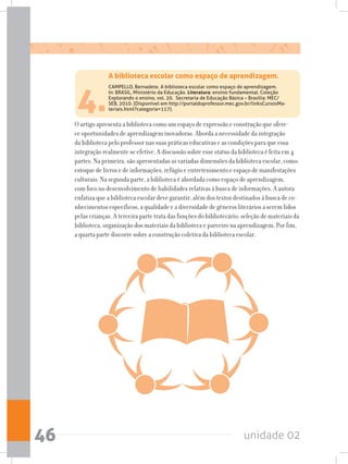 unidade 0246
4.
CAMPELLO, Bernadete. A biblioteca escolar como espaço de aprendizagem.
In: BRASIL, Ministério da Educação. Literatura: ensino fundamental. Coleção
Explorando o ensino, vol. 20.  Secretaria de Educação Básica – Brasília: MEC/
SEB, 2010. (Disponível em http://portaldoprofessor.mec.gov.br/linksCursosMa-
teriais.html?categoria=117).
O artigo apresenta a biblioteca como um espaço de expressão e construção que ofere-
ce oportunidades de aprendizagem inovadoras. Aborda a necessidade da integração
da biblioteca pelo professor nas suas práticas educativas e as condições para que essa
integração realmente se efetive. A discussão sobre esse status da biblioteca é feita em 4
partes. Na primeira, são apresentadas as variadas dimensões da biblioteca escolar, como:
estoque de livros e de informações, refúgio e entretenimento e espaço de manifestações
culturais. Na segunda parte, a biblioteca é abordada como espaço de aprendizagem,
com foco no desenvolvimento de habilidades relativas à busca de informações. A autora
enfatiza que a biblioteca escolar deve garantir, além dos textos destinados à busca de co-
nhecimentos específicos, a qualidade e a diversidade de gêneros literários a serem lidos
pelas crianças. A terceira parte trata das funções do bibliotecário: seleção de materiais da
biblioteca, organização dos materiais da biblioteca e parceiro na aprendizagem. Por fim,
a quarta parte discorre sobre a construção coletiva da biblioteca escolar.
A biblioteca escolar como espaço de aprendizagem.
 