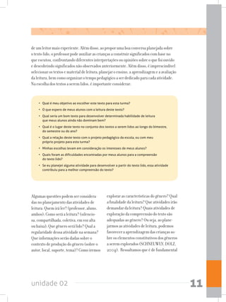 unidade 02 11
•	 Qual é meu objetivo ao escolher este texto para esta turma?
•	 O que espero de meus alunos com a leitura deste texto?
•	 Qual seria um bom texto para desenvolver determinada habilidade de leitura
que meus alunos ainda não dominam bem?
•	 Qual é o lugar deste texto no conjunto dos textos a serem lidos ao longo do bimestre,
do semestre ou do ano?
•	 Qual a relação deste texto com o projeto pedagógico da escola, ou com meu
próprio projeto para esta turma?
•	 Minhas escolhas levam em consideração os interesses de meus alunos?
•	 Quais foram as dificuldades encontradas por meus alunos para a compreensão
do texto lido?
•	 Se eu planejei alguma atividade para desenvolver a partir do texto lido, essa atividade
contribuiu para a melhor compreensão do texto?
de um leitor mais experiente. Além disso, ao propor uma boa conversa planejada sobre
o texto lido, o professor pode auxiliar as crianças a construir significados com base no
que escutou, confrontando diferentes interpretações ou opiniões sobre o que foi ouvido
e descobrindo significados não observados anteriormente. Além disso, é imprescindivel
selecionar os textos e material de leitura; planejar o ensino, a aprendizagem e a avaliação
da leitura, bem como organizar o tempo pedagógico a ser dedicado para cada atividade.
Na escolha dos textos a serem lidos, é importante considerar:
Algumas questões podem ser considera-
das no planejamento das atividades de
leitura: Quem irá ler? (professor, aluno,
ambos); Como será a leitura? (silencio-
sa, compartilhada, coletiva, em voz alta
ou baixa); Que gênero será lido? Qual a
regularidade dessa atividade na semana?
Que informações serão dadas sobre o
contexto de produção do gênero (sobre o
autor, local, suporte, tema)? Como iremos
explorar as características do gênero? Qual
a finalidade da leitura? Que atividades irão
demandar da leitura? Quais atividades de
exploração da compreensão do texto são
adequadas ao gênero? Ou seja, ao plane-
jarmos as atividades de leitura, podemos
favorecer a aprendizagem das crianças so-
bre os elementos constitutivos dos gêneros
a serem explorados (SCHNEUWLY; DOLZ,
2004). Ressaltamos que é de fundamental
 