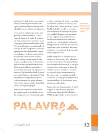 unidade 02 13
instituição.Oestudoindicouquecrianças
podemconstruirrepresentaçõessobreo
espaçoescolareseadaptaremaoqueneleé
solicitado,sem,noentanto,serempassivas.
Dessemodo,ressaltamosque,comoqual-
queroutraesferadeinteração,aescolaé
espaçodedisputas,depoder,deconvivên-
cia.Nela,aspessoassecomunicameusam
alinguagemparacausarefeitosdesentido.
Porisso,noplanejamentodasatividadesde
produçãodetexto,éimportanteconsiderar
aspetoscomo:lugardaprodução,otempo
reservadoparaaprodução,características
deparaquemvamosescrever,aforma
queinteragimoscomoreceptordotexto,
posiçãosocialdolocutoredointerlocutor,
objetivodainteração,entreoutrascoisas.
Assim,antesdeelaborarasatividadesé
importantedefinir:Qualseráogêneroaser
produzido?Qualseráafinalidadedaprodu-
çãotextual?Qualseráodestinatário?Qual
seráafrequênciadeproduçãodetexto?
(diária,semanalmente,quinzenalmente,
outro);Comoseráaprodução? (individual,
coletiva,emdupla,emgrupo).
Atreladoaessasquestões,consideramos
que,noprocessodeproduçãodasescritas
dascrianças,devemosestimularageração,
seleçãoeorganizaçãodeideias,aconsultaa
outrasfontes(materiaisoumentais),oes-
boçodaprimeiraversão,arevisãoeaedição
finaldotexto.Paraisso,faz-senecessárioo
desenvolvimentodeestratégiasdeplaneja-
mentoglobal,planejamentoemprocesso,
revisãoemprocesso,avaliaçãoerevisão
finaldotexto.Duranteestasatividades,
considera-seaconstruçãodossentidosno
textopormeiodacoesãodasideiasedouso
deoutrosrecursoslinguísticos,poisapren-
deraescreverémuitomaisdoqueaprender
anotar/registrarotexto.
Por fim, em relação ao eixo da oralidade,
não é certo afirmar que a fala é informal e a
escrita formal. Ambas têm graus de forma-
lidade variáveis de acordo com as situações
comunicativas, pois os usos da língua são
situados, sociais e históricos, e possuem
certo grau de implícito e envolvimento.
Portanto, a fala e a escrita são atividades
discursivas e essa relação entre fala e escri-
ta se dá em forma de um contínuo, sendo
as duas ações planejadas.
Empesquisaquetratoudaanálisedequatro
coleçõesdelivrosdidáticosaprovadas
noProgramaNacionaldoLivroDidático
(PNLD,2004),voltadosaosanosiniciaisdo
O trabalho com
diferentes gêneros
textuais na escola é
tema de discussão
nos cadernos da
unidade 5.
 