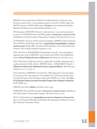 unidade 02 15
BRANDÃO, Ana Carolina Perrusi; ROSA, Ester Calland de Souza. A leitura de textos
literários na sala de aula: é conversando que a gente se entende. In: PAIVA, Aparecida;
MACIEL, Francisca; COSSON, Rildo (orgs). Literatura:ensino fundamental. Brasília:
Ministério da Educação, Secretaria de Educação Básica, 2010.
DOLZ, Joaquim; SCHNEUWLY, Bernard. O oral como texto: como construir um objeto
de ensino. In: SCHNEUWLY, Bernard; DOLZ, Joaquim. Gênerosoraiseescritosnaescola.
Traduzido por Glaís Sales Cordeiro e Roxane Rojo. Campinas: Mercado de Letras, 2004.
GUEDES PINTO, Ana Lúcia; SILVA, Leila Cristina Borges; TEMPESTA, Maria Cristina da
Silva; FONTONA, Roseli Aparecida Cação. Aorganizaçãodotempopedagógicoeoplaneja-
mentodoensino.Brasília: MEC, Secretaria de Educação Básica. Secretaria de Educação à
Distância. Universidade Estadual de Campinas, 2006.
LEAL, Telma Ferraz; ALBUQUERQUE, Eliana Borges Correia de. Textos que ajudam a
organizar o dia-a-dia. In: BRANDÃO, Ana Carolina Perrusi; ROSA, Ester Calland Rosa
(orgs). LeituraeProduçãodetextosnaalfabetização.Belo Horizonte: Autêntica, 2005.
LEAL, Telma Ferraz. Estabelecendo metas e organizando o trabalho: o planejamento no
cotidiano docente In: LEAL, Telma F.; MORAIS, Artur G.; ALBUQUERQUE, Eliana B. C.
AlfabetizarletrandonaEJA:fundamentosteóricosepropostasdidáticas. Belo Horizonte:
Autêntica, 2010, v.1, p. 93-112.
LEAL, Telma Ferraz; BRANDAO, Ana Carolina P., LIMA, Juliana M. O oral como objeto
de ensino na escola: o que sugerem os livros didáticos? In: 34a Reunião da Associação
Nacional de Pesquisa e Pós Graduação em Educação (ANPED), 2011, Natal - RN. Anais
da34aReuniãoAnualdaAssociaçãoNacionaldePesquisaePósGraduaçãoemEducação.
Natal: ANPED, 2011.
LIBÂNEO, José Carlos. Didática.São Paulo: Cortez, 1994.
SCHNEUWLY, Bernard; DOLZ, Joaquim. Gênerosoraiseescritosnaescola.Traduzido por
Glaís Sales Cordeiro e Roxane Rojo. Campinas: Mercado de Letras, 2004.
SILVA, Leila Nascimento da. Aparagrafaçãoemcartasdereclamaçõesescritasporcrian-
ças.2007. Dissertação (Mestrado em Educação), Pós-graduação em Educação, Universi-
dade Federal de Pernambuco, Recife.
 