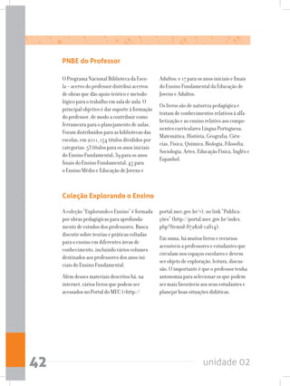 unidade 0242
Coleção Explorando o Ensino
A coleção “Explorando o Ensino” é formada
por obras pedagógicas para aprofunda-
mento de estudos dos professores. Busca
discutir sobre teorias e práticas voltadas
para o ensino em diferentes áreas de
conhecimento, incluindo vários volumes
destinados aos professores dos anos ini-
ciais do Ensino Fundamental.
Além desses materiais descritos há, na
internet, vários livros que podem ser
acessados no Portal do MEC (http://
portal.mec.gov.br/), no link “Publica-
ções” (http://portal.mec.gov.br/index.
php?Itemid=872id=12814).
Em suma, há muitos livros e recursos
acessíveis a professores e estudantes que
circulam nos espaços escolares e devem
ser objeto de exploração, leitura, discus-
são. O importante é que o professor tenha
autonomia para selecionar os que podem
ser mais favoráveis aos seus estudantes e
planejar boas situações didáticas.
PNBE do Professor
O Programa Nacional Biblioteca da Esco-
la – acervo do professor distribui acervos
de obras que dão apoio teórico e metodo-
lógico para o trabalho em sala de aula. O
principal objetivo é dar suporte à formação
do professor, de modo a contribuir como
ferramenta para o planejamento de aulas.
Foram distribuídos para as bibliotecas das
escolas, em 2011, 154 títulos divididos por
categorias: 53 títulos para os anos iniciais
do Ensino Fundamental; 39 para os anos
finais do Ensino Fundamental; 45 para
o Ensino Médio e Educação de Jovens e
Adultos; e 17 para os anos iniciais e finais
do Ensino Fundamental da Educação de
Jovens e Adultos.
Os livros são de natureza pedagógica e
tratam de conhecimentos relativos à alfa-
betização e ao ensino relativo aos compo-
nentes curriculares Língua Portuguesa,
Matemática, História, Geografia, Ciên-
cias, Física, Química, Biologia, Filosofia,
Sociologia, Artes, Educação Física, Inglês e
Espanhol.
 