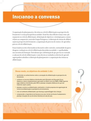 Iniciando a conversa
A organização do planejamento e da rotina no ciclo de alfabetização na perspectiva do
letramento é o tema principal dessa unidade. Serão foco das reflexões temas como: pla-
nejamento no ciclo de alfabetização, delimitação de objetivos e estratégias para o ensino
relativo ao componente curricular Língua Portuguesa, a elaboração de rotinas de alfabeti-
zação na perspectiva do letramento, a organização do processo de ensino e de aprendiza-
gem no ciclo de alfabetização.
Essas temáticas serão relacionadas às discussões sobre currículo, continuidade da apren-
dizagem e avaliação no ciclo de alfabetização discutidas na unidade 1 e aprofundadas
nos encontros de formação. Entendemos que a delimitação do que precisa ser ensinado
a cada ano do ciclo de alfabetização e como devem ser avaliados os direitos de aprendi-
zagem podem subsidiar a elaboração do planejamento e a organização das rotinas na
alfabetização.
•	 aprofundar os conhecimentos sobre a concepção de alfabetização na perspectiva do
letramento;
•	 conhecer os recursos didáticos distribuídos pelo Ministério da Educação (livros
didáticos e obras complementares aprovados no PNLD; livros do PNBE e PNBE Especial;
jogos didáticos distribuídos pelo MEC) e planejar situações didáticas em que tais
materiais sejam usados;
•	 planejar o ensino na alfabetização, analisando e criando propostas de organização de
rotinas da alfabetização na perspectiva do letramento;
•	 criar um ambiente alfabetizador, que favoreça a aprendizagem das crianças;
•	 compreender a importância da literatura nos anos iniciais do Ensino Fundamental e
planejar situações de uso de obras literárias em sala de aula.
Desse modo, os objetivos da unidade 2 são:
 