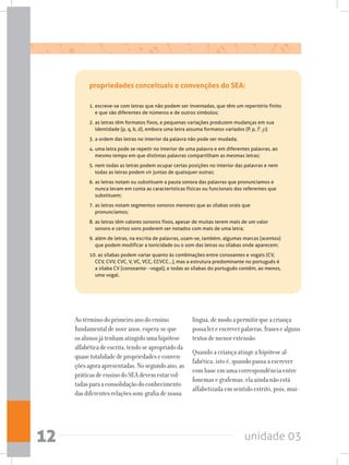 unidade 0312
propriedades conceituais e convenções do SEA:
1.	escreve-se com letras que não podem ser inventadas, que têm um repertório finito
e que são diferentes de números e de outros símbolos;
2.	as letras têm formatos fixos, e pequenas variações produzem mudanças em sua
identidade (p, q, b, d), embora uma letra assuma formatos variados (P, p, P, p);
3.	a ordem das letras no interior da palavra não pode ser mudada;
4.	uma letra pode se repetir no interior de uma palavra e em diferentes palavras, ao
mesmo tempo em que distintas palavras compartilham as mesmas letras;
5.	nem todas as letras podem ocupar certas posições no interior das palavras e nem
todas as letras podem vir juntas de quaisquer outras;
6.	as letras notam ou substituem a pauta sonora das palavras que pronunciamos e
nunca levam em conta as características físicas ou funcionais dos referentes que
substituem;
7.	as letras notam segmentos sonoros menores que as sílabas orais que
pronunciamos;
8.	as letras têm valores sonoros fixos, apesar de muitas terem mais de um valor
sonoro e certos sons poderem ser notados com mais de uma letra;
9.	além de letras, na escrita de palavras, usam-se, também, algumas marcas (acentos)
que podem modificar a tonicidade ou o som das letras ou sílabas onde aparecem;  
10. as sílabas podem variar quanto às combinações entre consoantes e vogais (CV,
CCV, CVV, CVC, V, VC, VCC, CCVCC...), mas a estrutura predominante no português é
a sílaba CV (consoante- -vogal), e todas as sílabas do português contêm, ao menos,
uma vogal.
língua,demodoapermitirqueacriança
possalereescreverpalavras,frasesealguns
textosdemenorextensão.
Quando a criança atinge a hipótese al-
fabética, isto é, quando passa a escrever
com base em uma correspondência entre
fonemas e grafemas, ela ainda não está
alfabetizada em sentido estrito, pois, mui-
Aotérminodoprimeiroanodoensino
fundamentaldenoveanos,espera-seque
osalunosjátenhamatingidoumahipótese
alfabéticadeescrita,tendoseapropriadoda
quasetotalidadedepropriedadeseconven-
çõesagoraapresentadas.Nosegundoano,as
práticasdeensinodoSEAdevemestarvol-
tadasparaaconsolidaçãodoconhecimento
dasdiferentesrelaçõessom-grafiadenossa
 