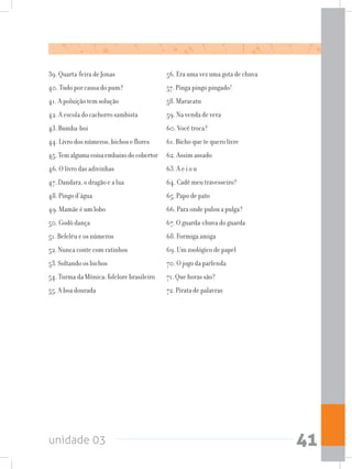 unidade 03 41
39. Quarta-feira de Jonas
40. Tudo por causa do pum?
41. A poluição tem solução
42. A escola do cachorro sambista
43. Bumba-boi
44. Livro dos números, bichos e flores
45.Temalgumacoisaembaixodocobertor
46. O livro das adivinhas
47. Dandara, o dragão e a lua
48. Pingo d’água
49. Mamãe é um lobo
50. Godô dança
51. Beleléu e os números
52. Nunca conte com ratinhos
53. Soltando os bichos
54. Turma da Mônica: folclore brasileiro
55. A boa dourada
56. Era uma vez uma gota de chuva
57. Pinga pingo pingado!
58. Maracatu
59. Na venda de vera
60. Você troca?
61. Bicho que te quero livre
62. Assim assado
63. A e i o u
64. Cadê meu travesseiro?
65. Papo de pato
66. Para onde pulou a pulga?
67. O guarda-chuva do guarda
68. Formiga amiga
69. Um zoológico de papel
70. O jogo da parlenda
71. Que horas são?
72. Pirata de palavras
 
