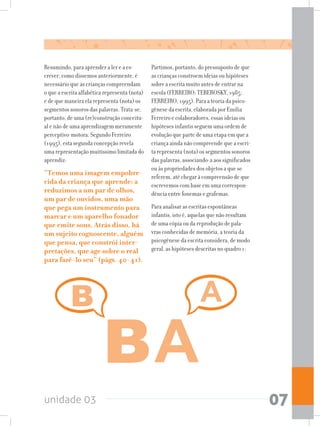 unidade 03 07
Resumindo, para aprender a ler e a es-
crever, como dissemos anteriormente, é
necessário que as crianças compreendam
o que a escrita alfabética representa (nota)
e de que maneira ela representa (nota) os
segmentos sonoros das palavras. Trata-se,
portanto, de uma (re)construção conceitu-
al e não de uma aprendizagem meramente
perceptivo-motora. Segundo Ferreiro
(1995), esta segunda concepção revela
uma representação muitíssimo limitada do
aprendiz:
“Temos uma imagem empobre-
cida da criança que aprende: a
reduzimos a um par de olhos,
um par de ouvidos, uma mão
que pega um instrumento para
marcar e um aparelho fonador
que emite sons. Atrás disso, há
um sujeito cognoscente, alguém
que pensa, que constrói inter-
pretações, que age sobre o real
para fazê-lo seu” (págs. 40-41).
Partimos, portanto, do pressuposto de que
as crianças constroem ideias ou hipóteses
sobre a escrita muito antes de entrar na
escola (FERREIRO; TEBEROSKY, 1985;
FERREIRO, 1995). Para a teoria da psico-
gênese da escrita, elaborada por Emilia
Ferreiro e colaboradores, essas ideias ou
hipóteses infantis seguem uma ordem de
evolução que parte de uma etapa em que a
criança ainda não compreende que a escri-
ta representa (nota) os segmentos sonoros
das palavras, associando-a aos significados
ou às propriedades dos objetos a que se
referem, até chegar à compreensão de que
escrevemos com base em uma correspon-
dência entre fonemas e grafemas.
Para analisar as escritas espontâneas
infantis, isto é, aquelas que não resultam
de uma cópia ou da reprodução de pala-
vras conhecidas de memória, a teoria da
psicogênese da escrita considera, de modo
geral, as hipóteses descritas no quadro 1:
 