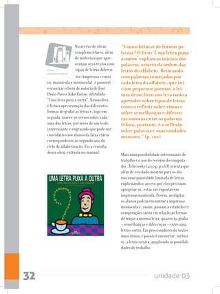 unidade 0332
No acervo de obras
complementares, além
de materiais que apre-
sentam seus textos com
tipos de letras diferen-
“Vamos brincar de formar pa-
lavras? O livro ‘Uma letra puxa
a outra’ explora as iniciais das
palavras, através da ordem das
letras do alfabeto. Brincando
com palavras começadas por
cada letra do alfabeto, que ini-
ciam pequenos poemas, a lei-
tura desse livro nos leva tanto a
aprender sobre tipos de letras
como a refletir sobre rimas e
sobre semelhanças e diferen-
ças sonoras entre as palavras.
O foco, portanto, é a reflexão
sobre palavras e suas unidades
menores.” (p. 101)
Mais uma possibilidade interessante de
trabalho é o uso do recurso do computa-
dor. Teberosky (2004, p.163) orienta que
além de o teclado mostrar para os alu-
nos uma quantidade limitada de letras,
explicitando o acervo que eles precisam
apropriar-se, estas são expostas em
imprensa maiúscula. Porém, ao digitar
os alunos podem encontrar a imprensa
minúscula e, assim, passam a estabelecer
comparações tanto em relação às formas
de traçar a mesma letra, quanto na grafia
– semelhanças e diferenças – entre uma
letra e outra. Em processadores de textos
mais atuais, é possível encontrar, inclusi-
ve, a letra cursiva, ampliando as possibili-
dades de trabalho.
Obras
complementares
tes (imprensa e cursi-
va, maiúscula e minúscula), é possível
encontrar o livro de autoria de José
Paulo Paes e Kiko Farias, intitulado
“Uma letra puxa a outra”. Nessa obra,
é feita a apresentação das diferentes
formas de grafar as letras e, logo em
seguida, insere-se versos sobre cada
uma das letras, por meio de um texto
interessante e engraçado que pode ser
convidativo aos alunos da faixa etária
correspondente ao segundo ano do
ciclo de alfabetização. Eis a resenha
dessa obra, extraída no manual:
 