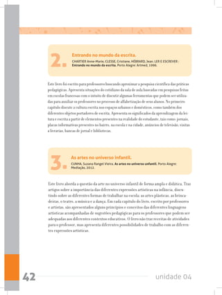 unidade 0442
3.
Este livro aborda a questão da arte no universo infantil de forma ampla e didática. Traz
artigos sobre a importância das diferentes expressões artísticas na infância, discu-
tindo sobre as diferentes formas de trabalhar na escola: as artes plásticas, as brinca-
deiras, o teatro, a música e a dança. Em cada capítulo do livro, escrito por professores
e artistas, são apresentados alguns princípios e conceitos das diferentes linguagens
artísticas acompanhadas de sugestões pedagógicas para os professores que podem ser
adequadas aos diferentes contextos educativos. O livro não traz receitas de atividades
para o professor, mas apresenta diferentes possibilidades de trabalho com as diferen-
tes expressões artísticas.
As artes no universo infantil.
CUNHA, Suzana Rangel Vieira. As artes no universo unfantil. Porto Alegre:
Mediação, 2012.
2.
Este livro foi escrito para professores buscando aproximar a pesquisa científica das práticas
pedagógicas. Apresenta situações do cotidiano da sala de aula baseadas em pesquisas feitas
em escolas francesas com o intuito de discutir algumas ferramentas que podem ser utiliza-
das para auxiliar os professores no processo de alfabetização de seus alunos. No primeiro
capítulo discute a cultura escrita nos espaços urbanos e domésticos, como também dos
diferentes objetos portadores de escrita. Apresenta os significados da aprendizagem da lei-
tura e escrita a partir de elementos presentes na realidade do estudante, tais como: jornais,
placas informativas presentes no bairro, na escola e na cidade, anúncios de televisão, visitas
a livrarias, bancas de jornal e bibliotecas.
Entrando no mundo da escrita.
CHARTIER Anne-Marie, CLESSE, Cristiane, HÉBRARD, Jean. LER E ESCREVER :
Entrando no mundo da escrita. Porto Alegre: Artmed, 1996.
 