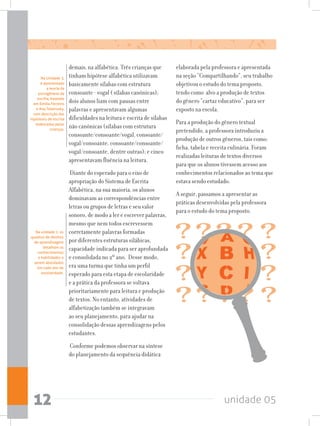 unidade 0512
demais,na alfabética. Três crianças que
tinham hipótese alfabética utilizavam
basicamente sílabas com estrutura
consoante - vogal ( sílabas canônicas);
dois alunos liam com pausas entre
palavras e apresentavam algumas
dificuldades na leitura e escrita de sílabas
não canônicas (sílabas com estrutura
consoante/consoante/vogal, consoante/
vogal/consoante, consoante/consoante/
vogal/consoante, dentre outras); e cinco
apresentavam fluência na leitura.
Diante do esperado para o eixo de
apropriação do Sistema de Escrita
Alfabética, na sua maioria, os alunos
dominavam as correspondências entre
letras ou grupos de letras e seu valor
sonoro, de modo a ler e escrever palavras,
mesmo que nem todos escrevessem
corretamente palavras formadas
por diferentes estruturas silábicas,
capacidade indicada para ser aprofundada
e consolidada no 2º ano. Desse modo,
era uma turma que tinha um perfil
esperado para esta etapa de escolaridade
e a prática da professora se voltava
prioritariamente para leitura e produção
de textos. No entanto, atividades de
alfabetização também se integravam
ao seu planejamento, para ajudar na
consolidação dessas aprendizagens pelos
estudantes.
Conforme podemos observar na síntese
do planejamento da sequência didática
elaborada pela professora e apresentada
na seção “Compartilhando”, seu trabalho
objetivou o estudo do tema proposto,
tendo como alvo a produção de textos
do gênero “cartaz educativo”, para ser
exposto na escola.
Para a produção do gênero textual
pretendido, a professora introduziu a
produção de outros gêneros, tais como:
ficha, tabela e receita culinária. Foram
realizadas leituras de textos diversos
para que os alunos tivessem acesso aos
conhecimentos relacionados ao tema que
estava sendo estudado.
A seguir, passamos a apresentar as
práticas desenvolvidas pela professora
para o estudo do tema proposto.
Na unidade 1, os
quadros de direitos
de aprendizagem
detalham os
conhecimentos
e habilidades a
serem abordados
em cada ano de
escolaridade.
Na Unidade 3,
é apresentada
a teoria da
psicogênese da
escrita, baseada
em Emilia Ferreiro
e Ana Teberosky,
com descrição das
hipóteses de escrita
elaboradas pelas
crianças.
 