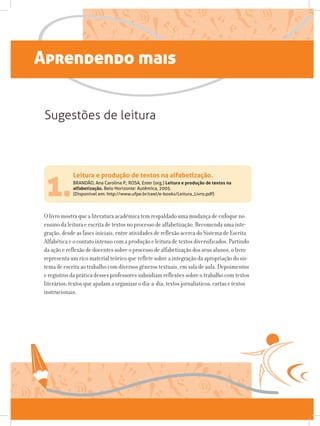 Aprendendo mais
Leitura e produção de textos na alfabetização.
BRANDÃO, Ana Carolina P.; ROSA, Ester (org.) Leitura e produção de textos na
alfabetização. Belo Horizonte: Autêntica, 2005.
(Disponível em: http://www.ufpe.br/ceel/e-books/Leitura_Livro.pdf)1.
O livro mostra que a literatura acadêmica tem respaldado uma mudança de enfoque no
ensino da leitura e escrita de textos no processo de alfabetização. Recomenda uma inte-
gração, desde as fases iniciais, entre atividades de reflexão acerca do Sistema de Escrita
Alfabética e o contato intenso com a produção e leitura de textos diversificados. Partindo
da ação e reflexão de docentes sobre o processo de alfabetização dos seus alunos, o livro
representa um rico material teórico que reflete sobre a integração da apropriação do sis-
tema de escrita ao trabalho com diversos gêneros textuais, em sala de aula. Depoimentos
e registros da prática desses professores subsidiam reflexões sobre o trabalho com textos
literários; textos que ajudam a organizar o dia-a-dia; textos jornalísticos; cartas e textos
instrucionais.
Sugestões de leitura
 