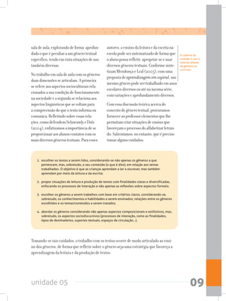 unidade 05 09
saladeaula,explorandodeforma aprofun-
dadaoqueépeculiaraumgênerotextual
específico,tendoemvistasituaçõesdeuso
tambémdiversas.
Notrabalhoemsaladeaulacomosgêneros
duasdimensõessearticulam.Aprimeira
serefereaosaspectossocioculturaisrela-
cionadosasuacondiçãodefuncionamento
nasociedadeeasegundaserelacionaaos
aspectoslinguísticosquesevoltampara
acompreensãodoqueotextoinformaou
comunica.Refletindosobreessasrela-
ções,comodefendemSchneuwlyeDolz
(2004),enfatizamosaimportânciadese
proporcionaraosalunoscontatoscomos
maisdiversosgênerostextuais.Paraesses
autores,oensinodaleituraedaescritana
escolapodesersistematizadodeformaque
oalunopossarefletir,apropriar-seeusar
diversosgênerostextuais.Conformesinte-
tizamMendonçaeLeal(2005),comuma
propostadeaprendizagem em espiral,um
mesmogêneropodesertrabalhadoemanos
escolaresdiversosouaténamesmasérie,
comvariaçõeseaprofundamentodiversos.
Comessadiscussãoteóricaacercado
conceitodegênerotextual,procuramos
forneceraoprofessorelementosquelhe
permitamcriarsituaçõesdeensinoque
favoreçamoprocessodoalfabetizarletran-
do.Salientamos,noentanto,queépreciso
tomaralgunscuidados:
O caderno da
unidade 5, ano 3,
trata da seleção
de gêneros no
currículo.
1.	 escolher os textos a serem lidos, considerando-se não apenas os gêneros a que
pertencem, mas, sobretudo, o seu conteúdo (o que é dito), em relação aos temas
trabalhados. O objetivo é que as crianças aprendam a ler e escrever, mas também
aprendam por meio da leitura e da escrita;
2.	 propor situações de leitura e produção de textos com finalidades claras e diversificadas,
enfocando os processos de interação e não apenas as reflexões sobre aspectos formais;
3. 	escolher os gêneros a serem trabalhos com base em critérios claros, considerando-se,
sobretudo, os conhecimentos e habilidades a serem ensinados; relações entre os gêneros
escolhidos e os temas/conteúdos a serem tratados;
4. 	abordar os gêneros considerando não apenas aspectos composicionais e estilísticos, mas,
sobretudo, os aspectos sociodiscursivos (processos de interação, como as finalidades,
tipos de destinatários, suportes textuais, espaços de circulação...).
Tomando-se tais cuidados, o trabalho com os textos ocorre de modo articulado ao ensi-
no dos gêneros, de forma que refletir sobre o gênero seja uma estratégia que favoreça a
aprendizagem da leitura e da produção de textos.
 