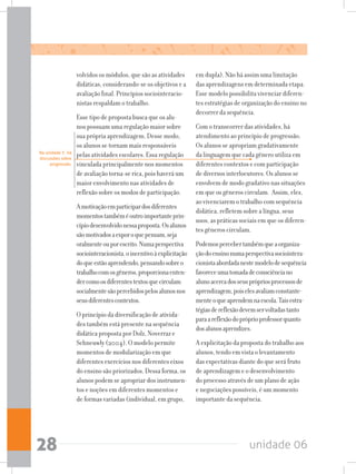 unidade 0628
volvidos os módulos, que são as atividades
didáticas, considerando-se os objetivos e a
avaliação final. Princípios sociointeracio-
nistas respaldam o trabalho.
Esse tipo de proposta busca que os alu-
nos possuam uma regulação maior sobre
sua própria aprendizagem. Desse modo,
os alunos se tornam mais responsáveis
pelas atividades escolares. Essa regulação
vinculada principalmente nos momentos
de avaliação torna-se rica, pois haverá um
maior envolvimento nas atividades de
reflexão sobre os modos de participação.
Amotivaçãoemparticipardosdiferentes
momentostambéméoutroimportanteprin-
cípiodesenvolvidonessaproposta.Osalunos
sãomotivadosaexporoquepensam,seja
oralmenteouporescrito.Numaperspectiva
sociointeracionista,oincentivoàexplicitação
doqueestãoaprendendo,pensandosobreo
trabalhocomosgêneros,proporcionaenten-
dercomoosdiferentestextosquecirculam
socialmentesãopercebidospelosalunosnos
seusdiferentescontextos.
O princípio da diversificação de ativida-
des também está presente na sequência
didática proposta por Dolz, Noverraz e
Schneuwly (2004). O modelo permite
momentos de modularização em que
diferentes exercícios nos diferentes eixos
do ensino são priorizados. Dessa forma, os
alunos podem se apropriar dos instrumen-
tos e noções em diferentes momentos e
de formas variadas (individual, em grupo,
em dupla). Não há assim uma limitação
das aprendizagens em determinada etapa.
Esse modelo possibilita vivenciar diferen-
tes estratégias de organização do ensino no
decorrer da sequência.
Com o transcorrer das atividades, há
atendimento ao princípio de progressão.
Os alunos se apropriam gradativamente
da linguagem que cada gênero utiliza em
diferentes contextos e com participação
de diversos interlocutores. Os alunos se
envolvem de modo gradativo nas situações
em que os gêneros circulam. Assim, eles,
ao vivenciarem o trabalho com sequência
didática, refletem sobre a língua, seus
usos, as práticas sociais em que os diferen-
tes gêneros circulam.
Podemospercebertambémqueaorganiza-
çãodoensinonumaperspectivasociointera-
cionistaabordadanestemodelodesequência
favoreceumatomadadeconsciênciano
alunoacercadosseusprópriosprocessosde
aprendizagem,poiselesavaliamconstante-
menteoqueaprendemnaescola.Taisestra-
tégiasdereflexãodevemservoltadastanto
paraareflexãodopróprioprofessorquanto
dosalunosaprendizes.
A explicitação da proposta do trabalho aos
alunos, tendo em vista o levantamento
das expectativas diante do que será fruto
de aprendizagem e o desenvolvimento
do processo através de um plano de ação
e negociações possíveis, é um momento
importante da sequência.
Na unidade 7,  há
discussões sobre
progressão.
 