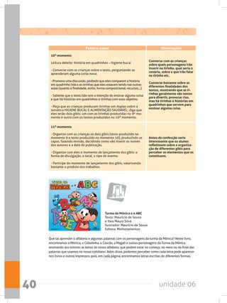 unidade 0640
10º momento
Leitura deleite: história em quadrinhos – higiene bucal
- Converse com as crianças sobre o texto, perguntando se
aprenderam alguma coisa nova;
- Promova uma discussão, pedindo que eles comparem a história
em quadrinho lida e as tirinhas que eles estavam lendo nas outras
aulas (quanto à finalidade, estilo, forma composicional, recursos...).
- Saliente que o texto lido tem a intenção de ensinar alguma coisa
e que há histórias em quadrinhos e tirinhas com esse objetivo.
- Peça que as crianças produzam tirinhas em duplas sobre a
temática HIGIENE BUCAL E ALIMENTAÇÃO SAUDÁVEL; diga que
eles terão dois gibis: um com as tirinhas produzidas no 9º mo-
mento e outro com os textos produzidos no 10º momento.
11º momento
- Organize com as crianças os dois gibis (texto produzido no
momento 9 e texto produzido no momento 10), produzindo as
capas, fazendo revisão, decidindo como vão inserir os nomes
dos autores e a data de publicação.
- Organize com eles o momento de lançamento dos gibis: a
forma de divulgação, o local, o tipo de evento.
- Participe do momento de lançamento dos gibis, valorizando
bastante o produto dos trabalhos.
Converse com as crianças
sobre quais personagens irão
inserir na tirinha, qual seria o
cenário, sobre o que irão falar
na tirinha etc.
Converse bastante sobre as
diferentes finalidades dos
textos, mostrando que as ti-
rinhas geralmente são textos
para divertir, provocar riso,
mas há tirinhas e histórias em
quadrinhos que servem para
ensinar alguma coisa.
Antes da confecção seria
interessante que os alunos
refletissem sobre a organiza-
ção de diferentes gibis para
perceber os elementos que os
constituem.
ObservaçõesPasso-a-passo
Turma da Mônica e o ABC
Texto: Maurício de Sousa
e Yara Maura Silva
Ilustrador: Maurício de Sousa
Editora: Melhoramentos
Que tal aprender o alfabeto e algumas palavras com os personagens da turma da Mônica? Neste livro,
encontramos a Mônica, o Cebolinha, o Cascão, a Magali e outros personagens da Turma da Mônica
ensinando aos leitores as letras do nosso alfabeto, que podem estar no começo, no meio ou no final das
palavras que usamos no nosso cotidiano. Além disso, podemos perceber como cada letra pode aparecer
nos livros e outros impressos, pois, em cada página, encontramos letras escritas de diferentes formas.
 