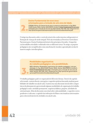 unidade 0642
3.
O trabalho pedagógico pode ser organizado de diferentes formas. Através do capítulo
selecionado, a autora discute concepções e sugestões práticas buscando sinalizar possi-
bilidades de trabalho em sala de aula. A autora traz uma discussão inicial sobre a impor-
tância do planejamento apresentando algumas modalidades de organização do trabalho
pedagógico como: atividade permanente, sequência didática, projetos, atividades de
sistematização. Além da discussão conceitual sobre cada modalidade, e sugestões corres-
pondentes a cada uma, o capítulo traz indicações de filmes com temáticas interessantes
para o desenvolvimento de atividades em sala de aula.
Modalidades organizativas
do trabalho pedagógico: uma possibilidade.
NERY, Alfredina. Modalidades organizativas do trabalho pedagógico: uma pos-
sibilidade. In: Org. BEAUCHAMP, Janete; PAGEL, Denise; NASCIMENTO, Aricélia R.
Ensino Fundamental de nove anos: orientações para a inclusão de seis anos de
idade. Brasília: MEC/SEB, 2007. (Disponível em: http://portal.mec.gov.br/seb/ar-
quivos/pdf/Ensfund/ensifund9anobasefinal.pdf)
2.
O artigo traz discussões sobre o currículo através dos conhecimentos indispensáveis à
formação de crianças de modo integral. Nele são retomadas as Diretrizes Curriculares
Nacionais para o Ensino Fundamental através dos princípios elencados. A importân-
cia do trabalho articulado é enfatizado entre as diferentes áreas. No artigo, os projetos
pedagógicos são exemplificados como uma forma de vincular o aprendizado escolar de
maneira ampla e interdisciplinar.
Ensino Fundamental de nove anos:
orientações para a inclusão de seis anos de idade.
CORSINO, Patrícia. As Crianças de seis anos e as áreas do conhecimento. In: Org. BEAU-
CHAMP, Janete; PAGEL, Denise; NASCIMENTO, Aricélia R. Ensino Fundamental de nove anos:
orientações para a inclusão de seis anos de idade. Brasília: MEC/SEB, 2007. (Disponível em:
http://portal.mec.gov.br/seb/arquivos/pdf/Ensfund/ensifund9anobasefinal.pdf)
 